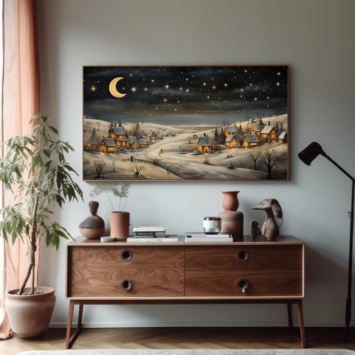 Starry Christmas Eve Snowy Farmhouse Village Holiday Scene Poster - Image 2