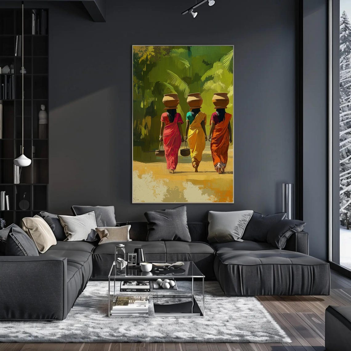 Indian Village Women Carrying Pots Print Traditional Indian Women In Sarees Cultural Vertical Wall Art Indian Heritage Painting - Image 2
