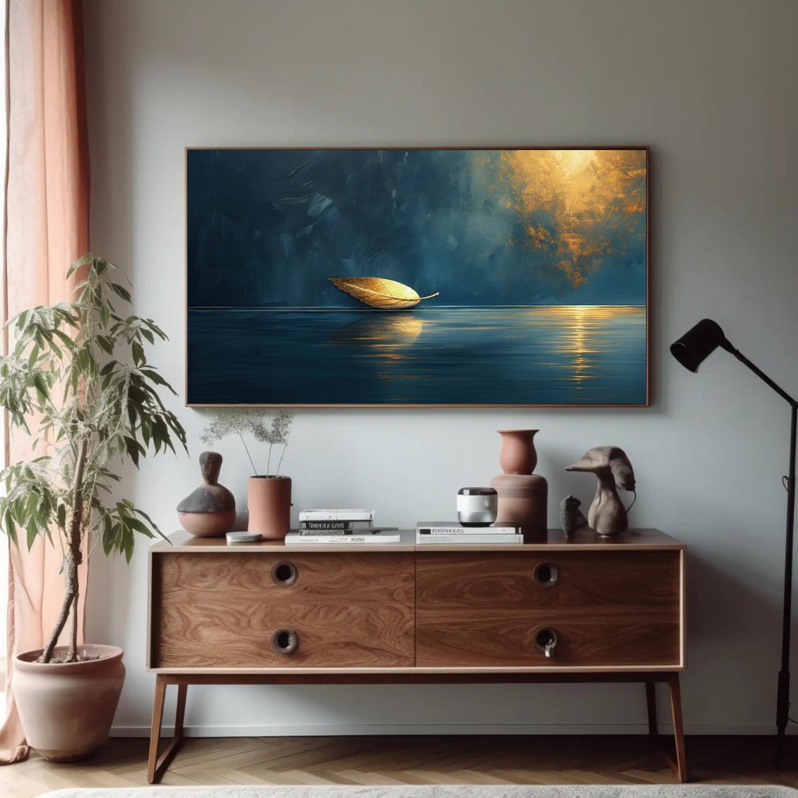 Golden Leaf Floating On Dark Blue Sea Minimalist Zen Calm Poster - Image 5
