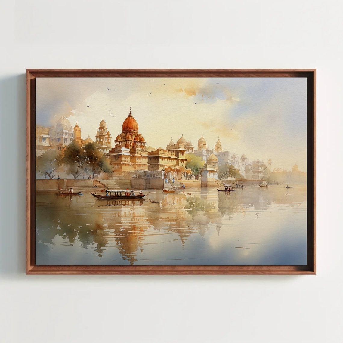 Indian Riverside Palace With Boats Watercolor Travel Art Poster