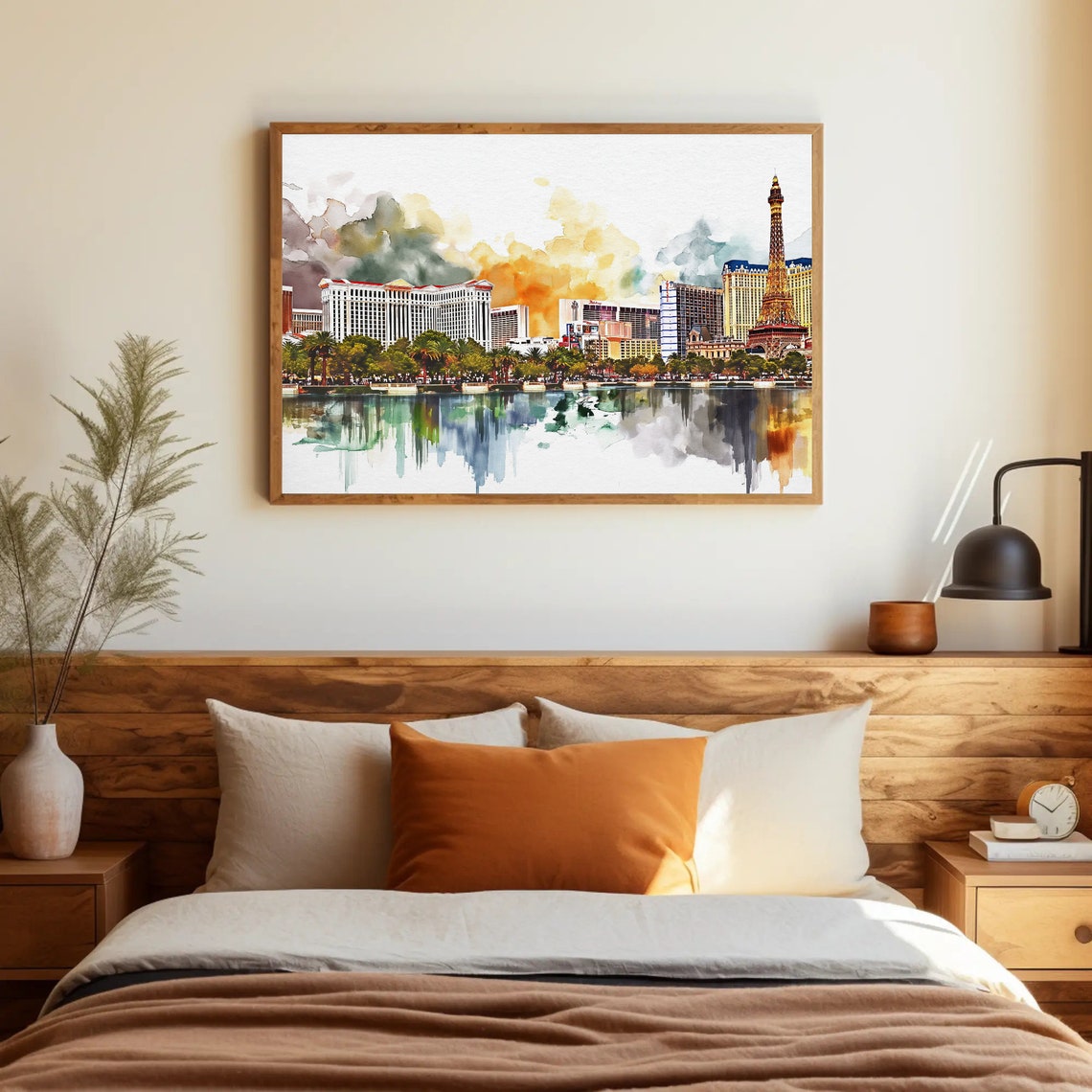 Las Vegas Strip Watercolor Skyline Night Fountain Reflection Poster - Image 3