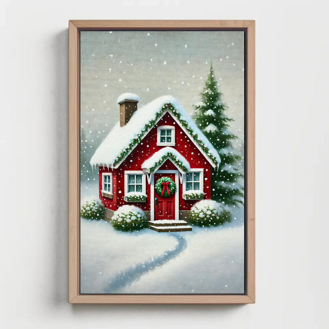 Red Snowy Cottage With Christmas Wreath In Winter Scene Poster - Image 2