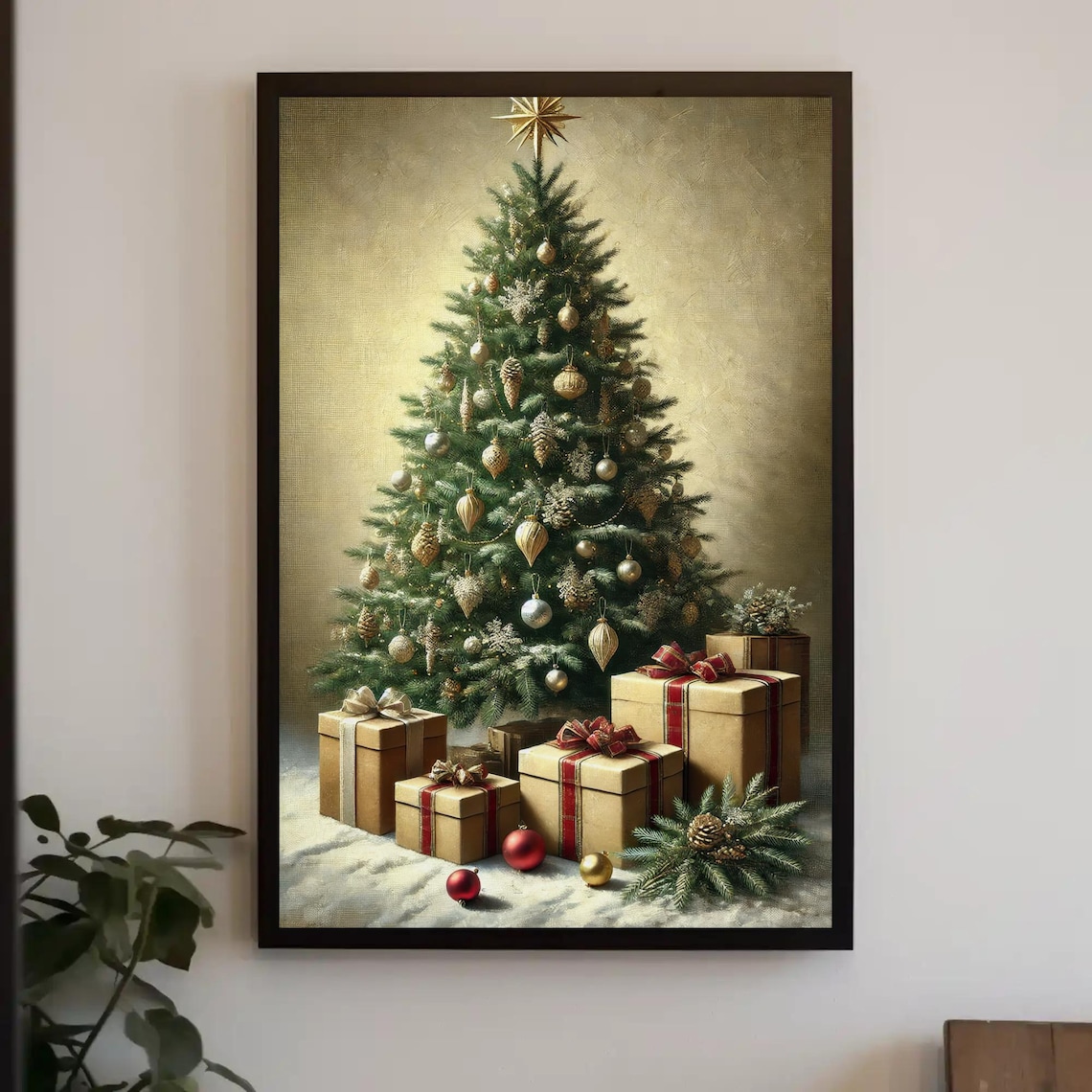 Classic Christmas Tree With Gifts And Gold Ornaments Night Poster