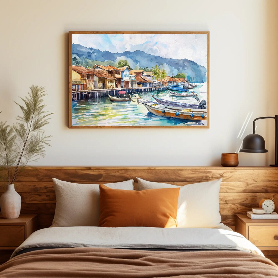 Tropical Fishing Village With Wooden Boats Watercolor Harbor Poster - Image 3