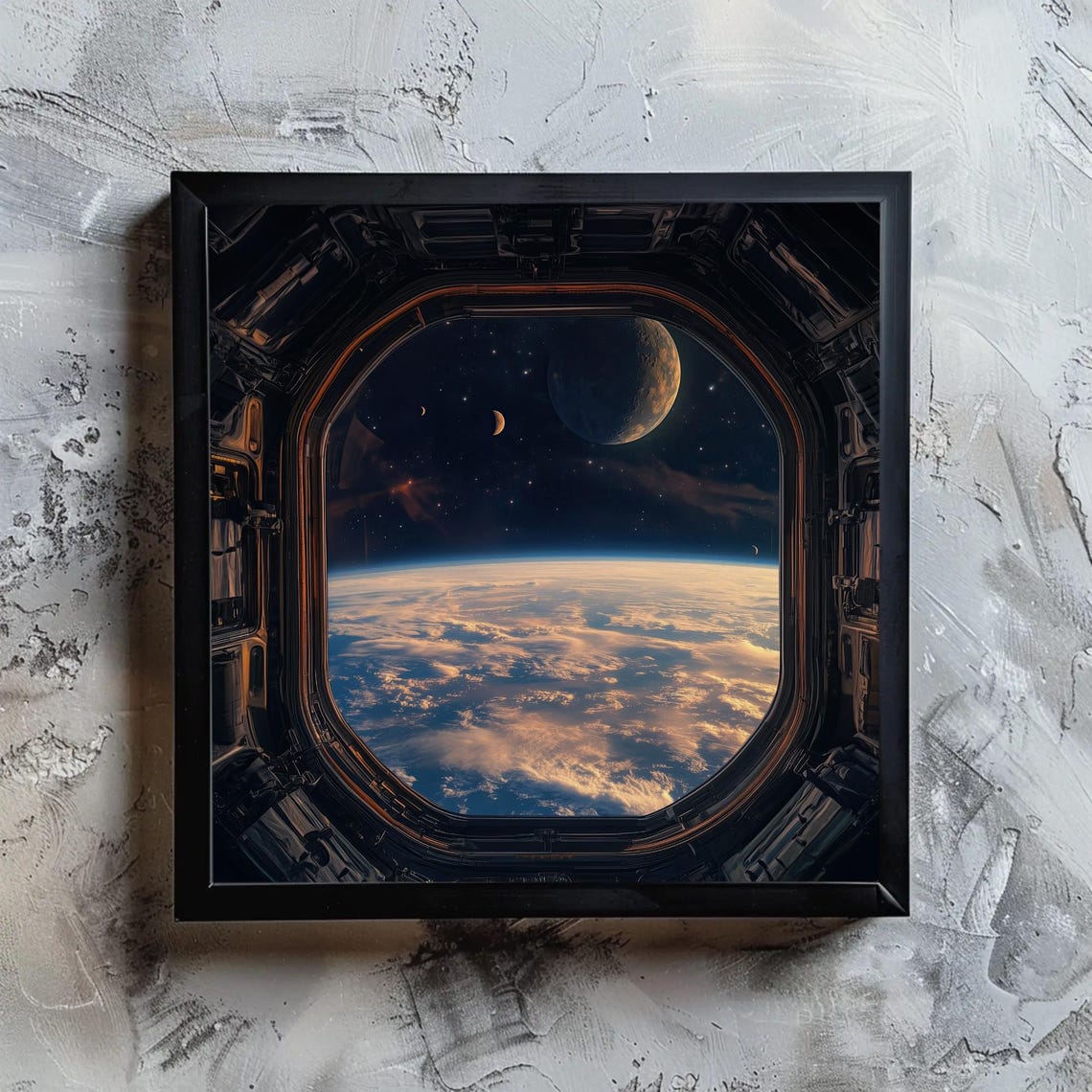 Space Station Window Earth Moon Cosmic View Futuristic Sci Fi Wall Art