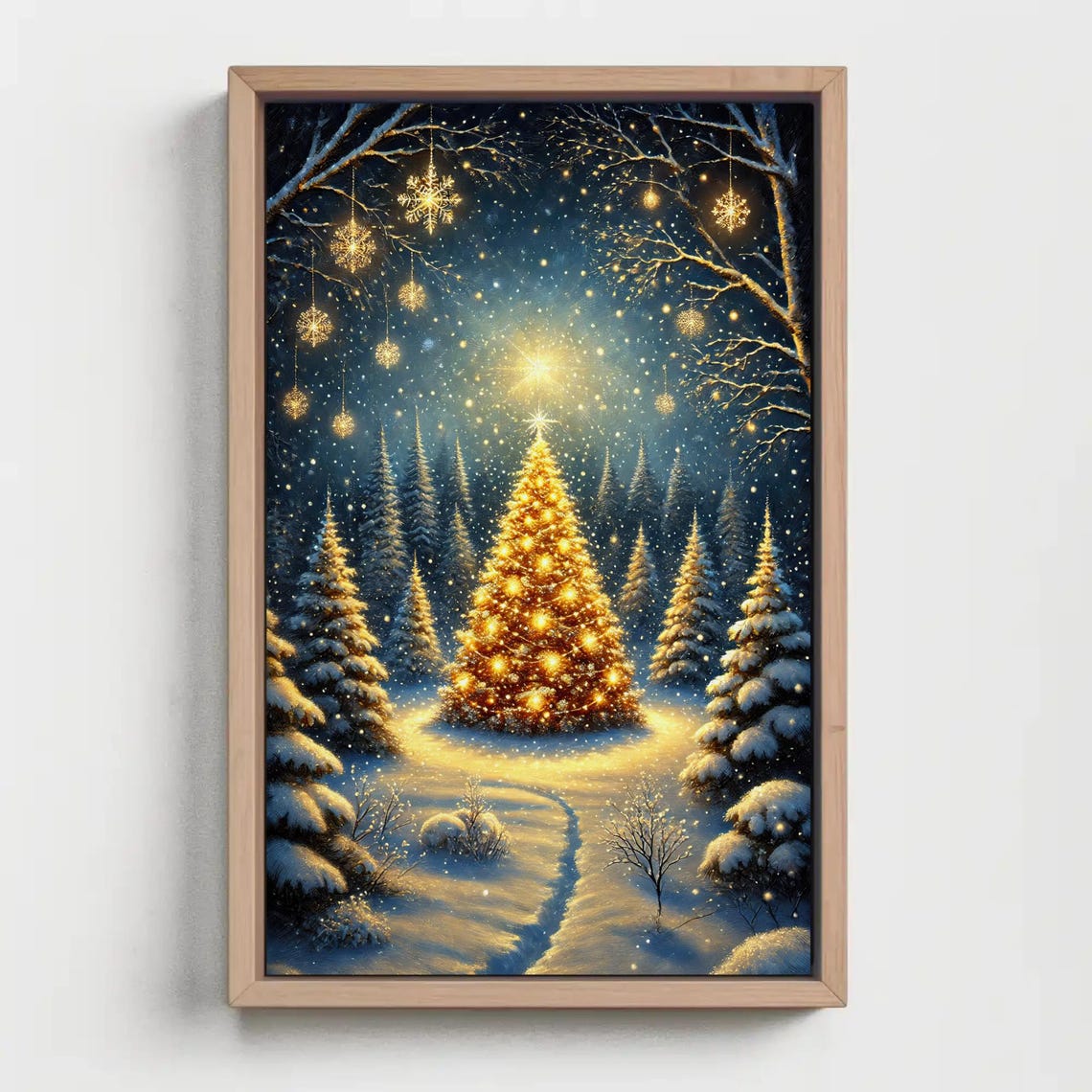 Glowing Golden Christmas Tree Sparkling In Snowy Night Forest Poster - Image 2