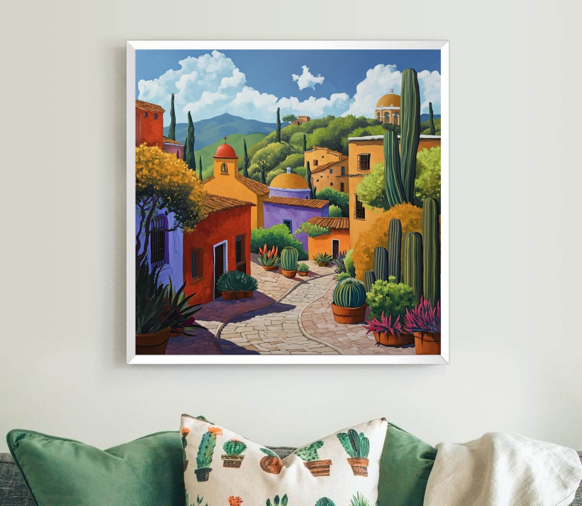 Colorful Mexican Hillside Town Church Domes Cacti Painting Poster - Image 5