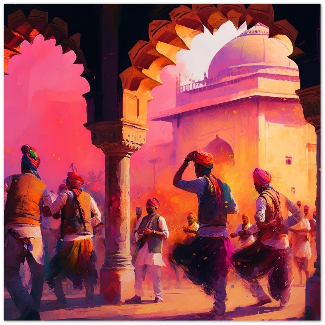 Rajasthani Men Dancing Holi in a Pink Palace Courtyard Poster - Image 3