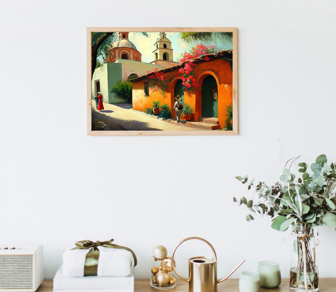 Mexican Village Landscape Art Print, Vibrant Decor - Image 3