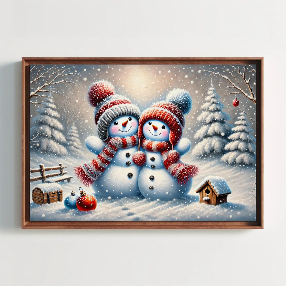 Cute Snowman Couple In A Snowy Christmas Forest Winter Poster