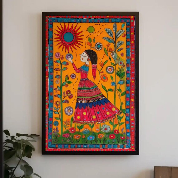 Mexican Folk Art Woman in a Sunlit Garden of Blooming Flowers Poster