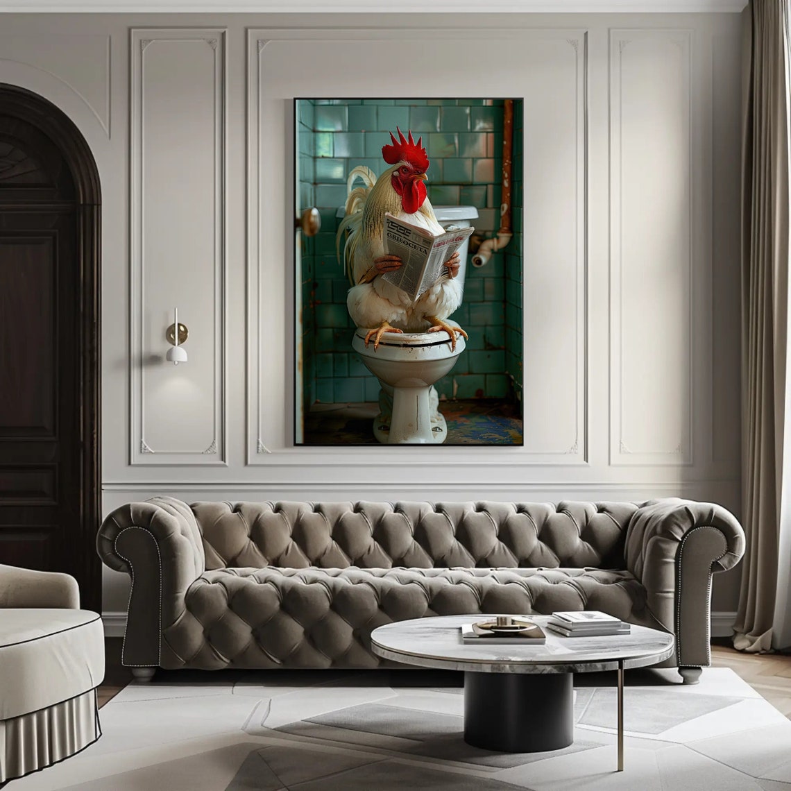 Rooster Reading Newspaper on Toilet Funny Farmhouse Bathroom Poster - Image 3