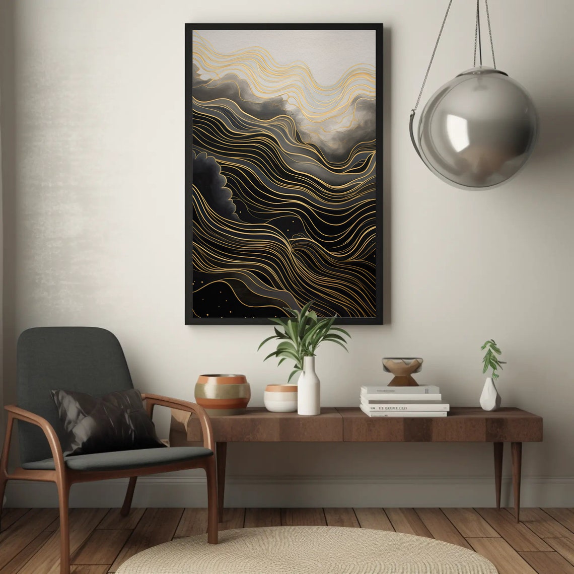 Bold Black and Gold Wavy Lines Modern Abstract Wall Decor Poster - Image 5