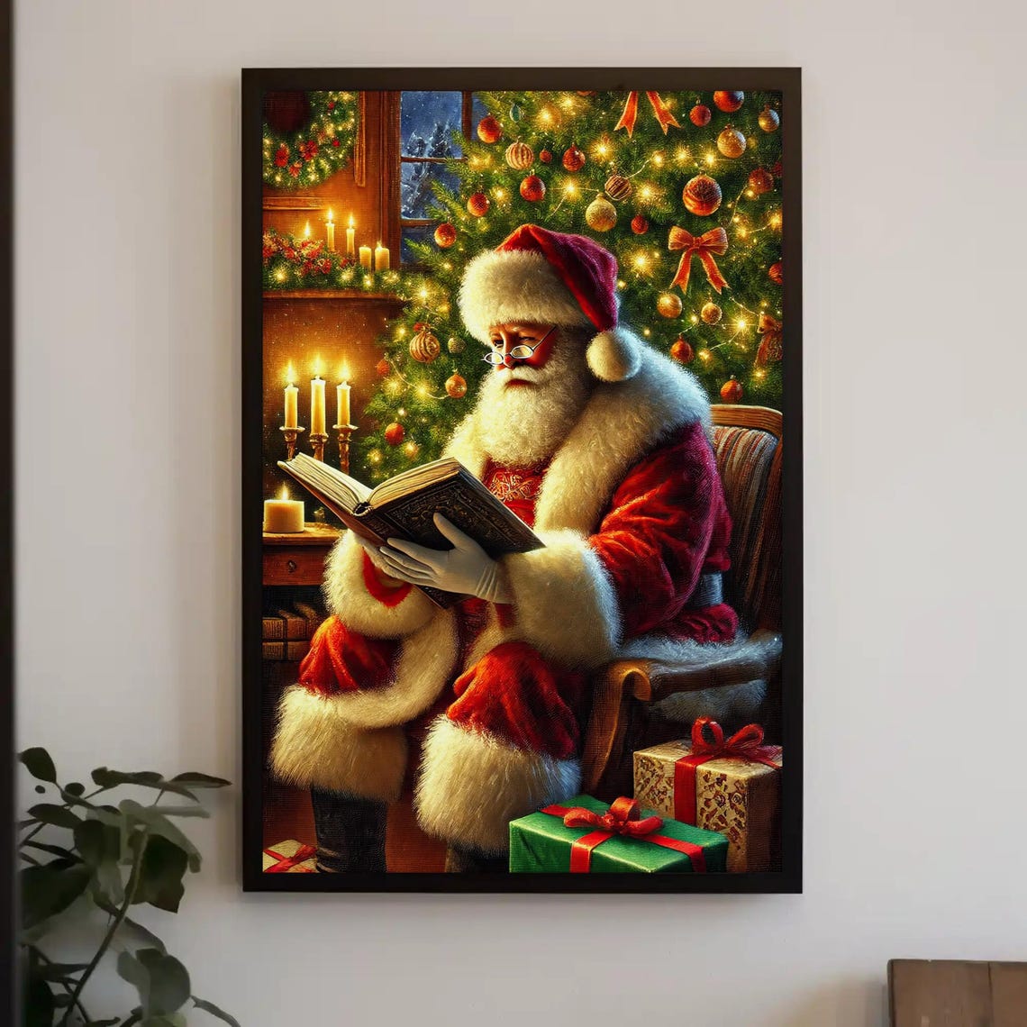Santa Claus Reading By The Christmas Tree In Firelight Glow Poster
