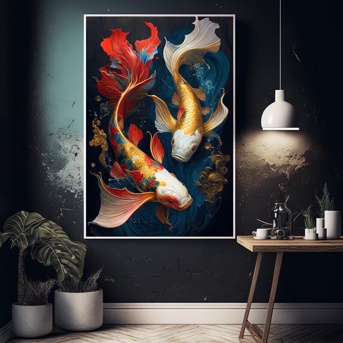 Ornate Koi Fish Pair Flowing Fins Dark Water Colorful Art Poster - Image 4