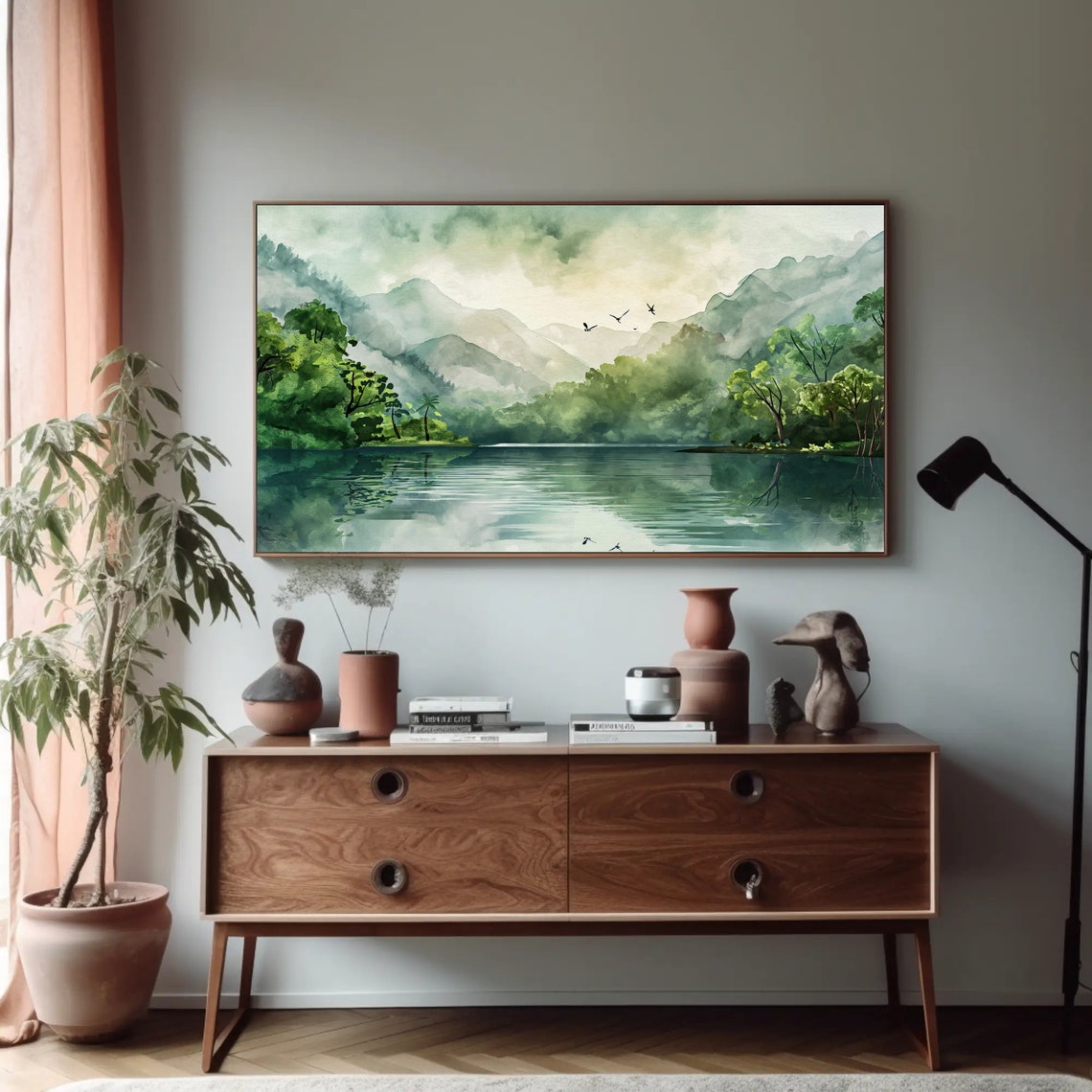 Tropical Forest Lake Mirror Reflection Serene Watercolor Poster - Image 5