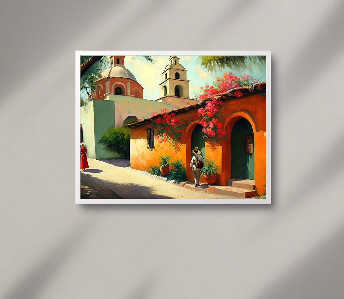 Mexican Village Landscape Art Print, Vibrant Decor - Image 2