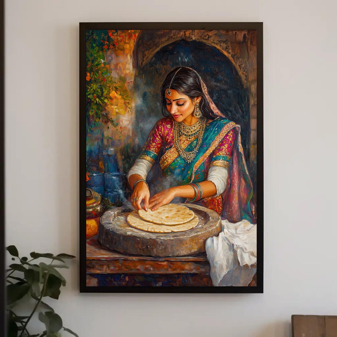 Indian Woman Making Roti, Traditional Indian Art Print
