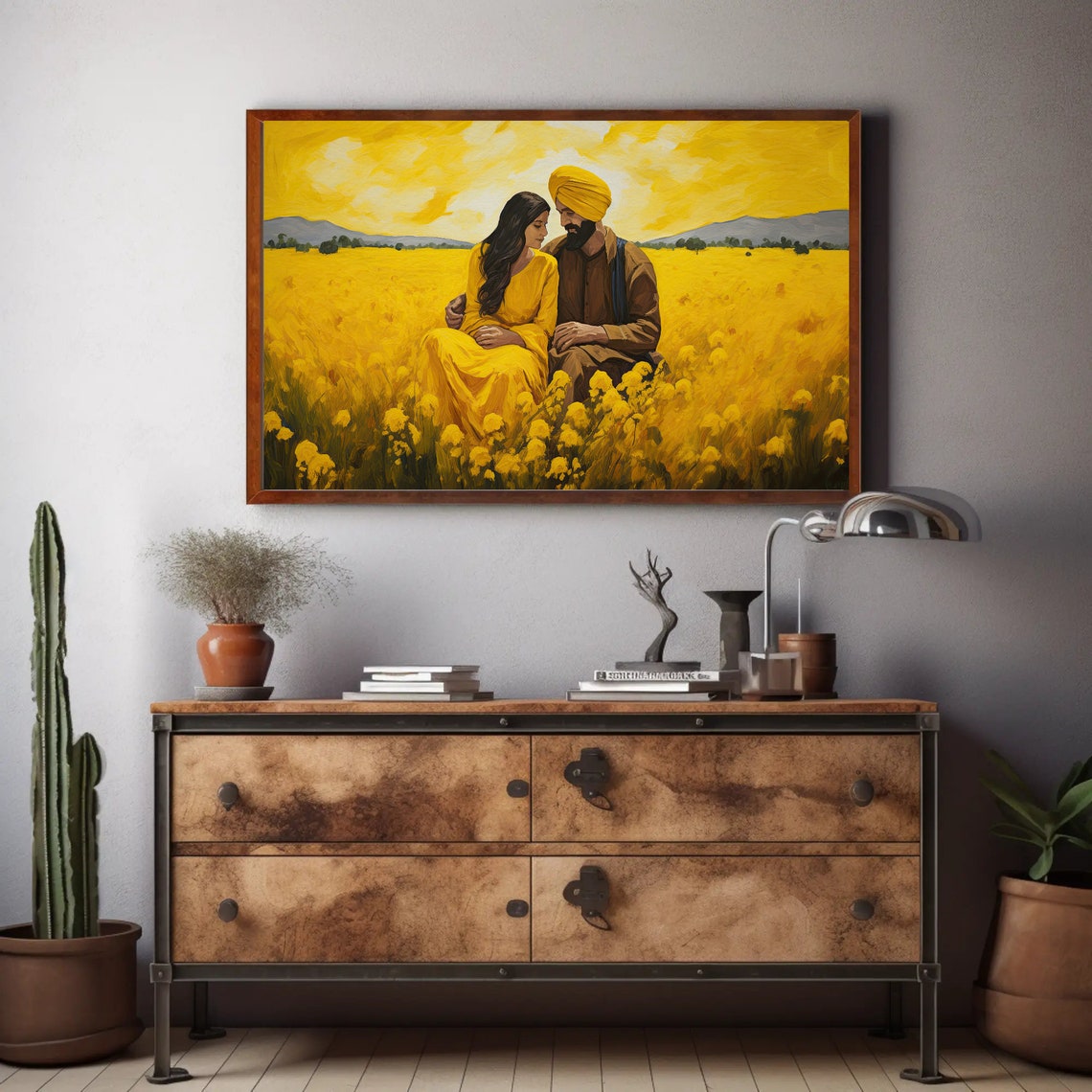 Punjabi Couple in Mustard Field Sunset Romantic India Art Print - Image 2