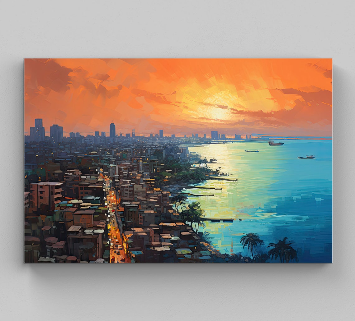Mumbai Coastal Skyline Glowing at Sunset Impressionist Poster