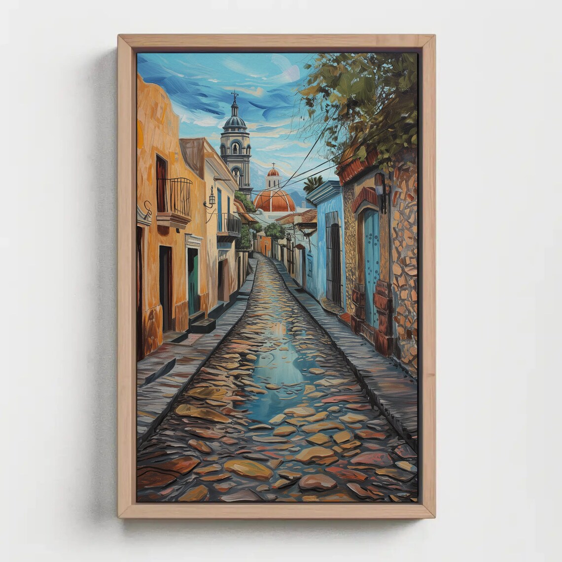 Old Mexican Cobblestone Street Church Watercolor Travel Poster - Image 5