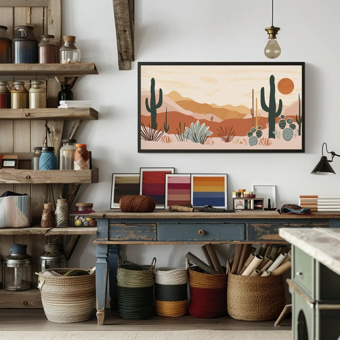 Minimalist Desert Cacti Landscape in Earthy Boho Tones Poster - Image 3