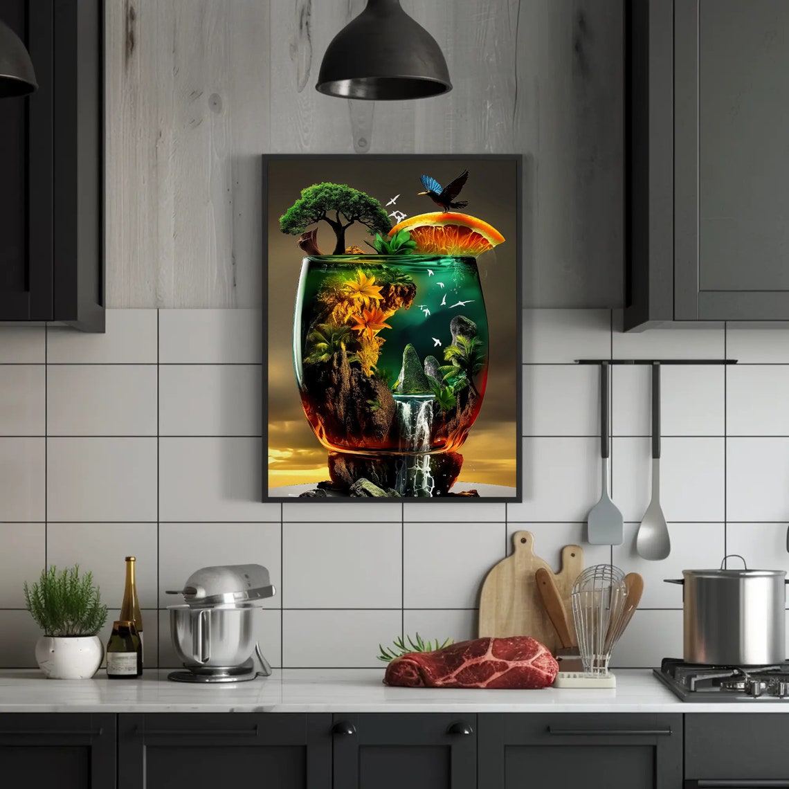 Surreal Tropical Cocktail Glass Holding a Miniature Island Poster - Image 4