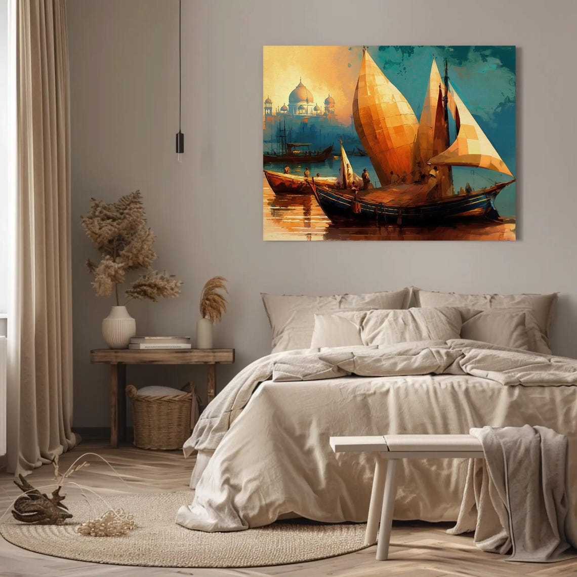 Traditional Indian Sailboats at Sunset on a Wide River Poster - Image 2