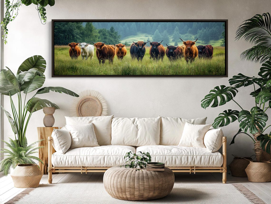 Highland Cow Herd In A Green Misty Meadow Panoramic Cattle Poster