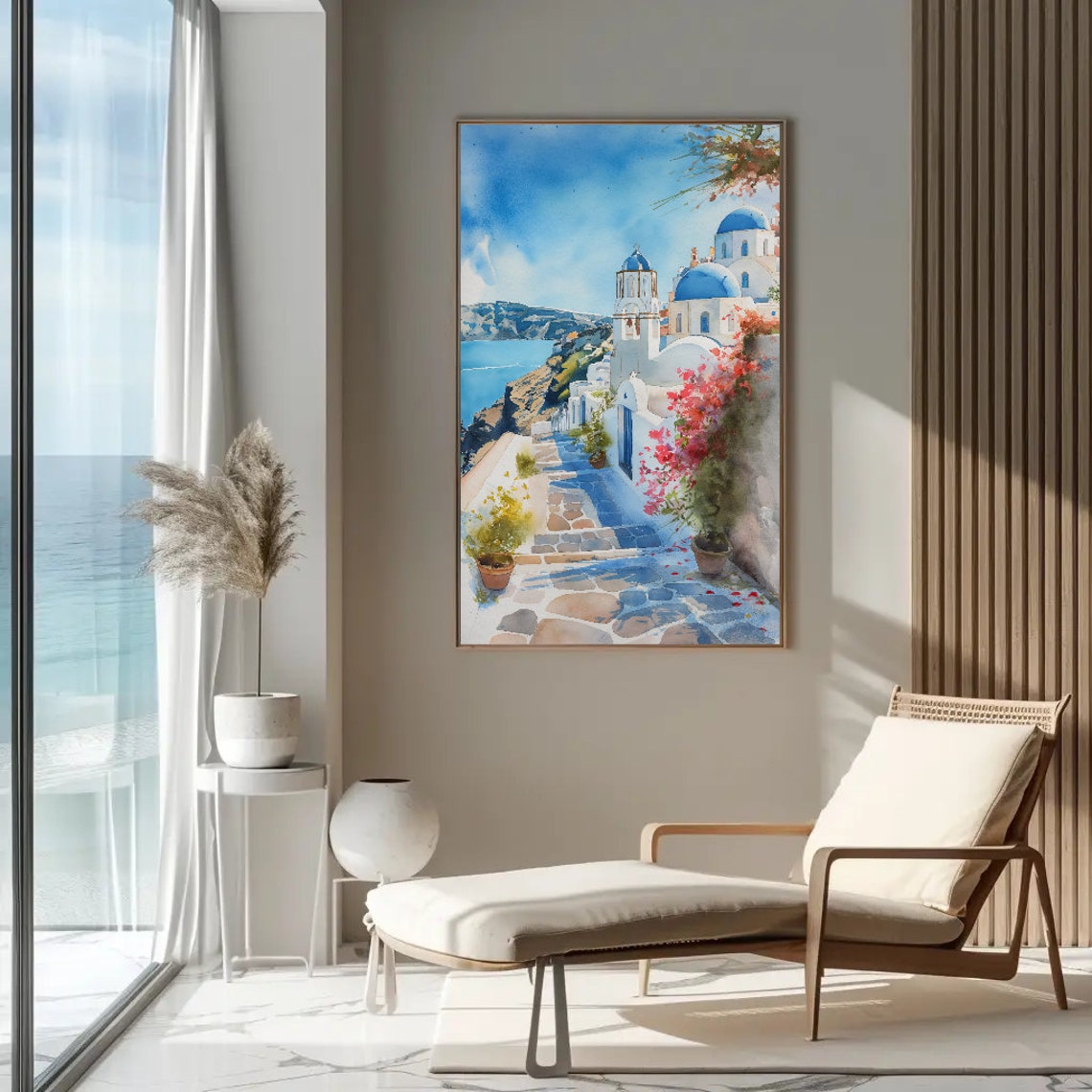 Santorini Greece Blue Domes On Cliff Path Watercolor Travel Poster - Image 2