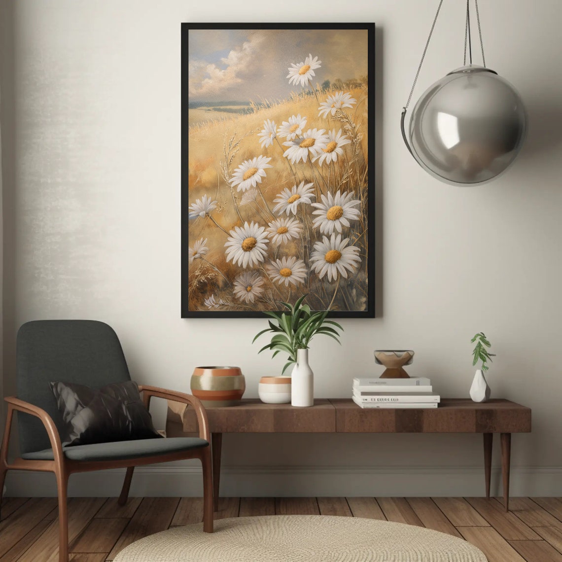 White Daisies In A Golden Wheat Field Floral Oil Painting Poster - Image 5