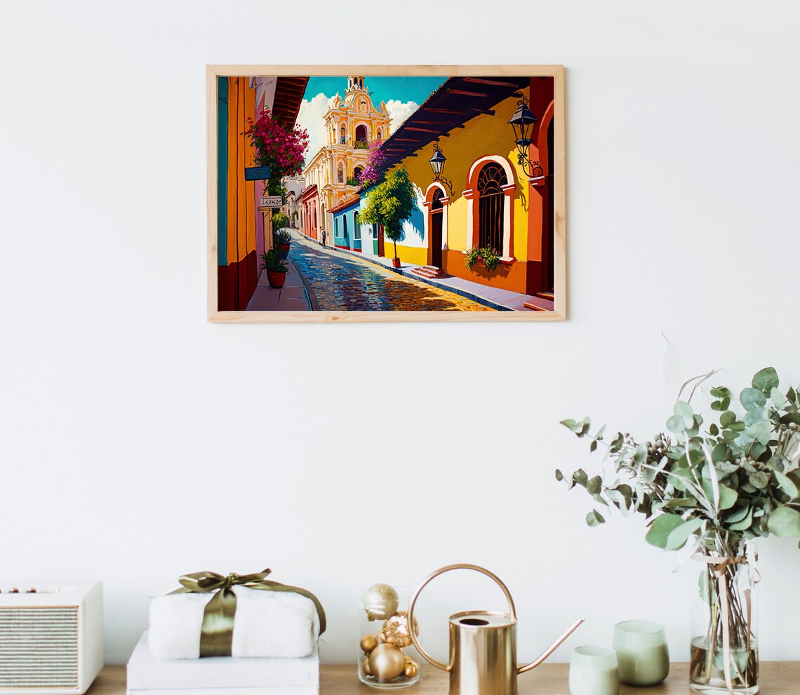Colorful Mexican Colonial Street Church Town Painting Poster - Image 2