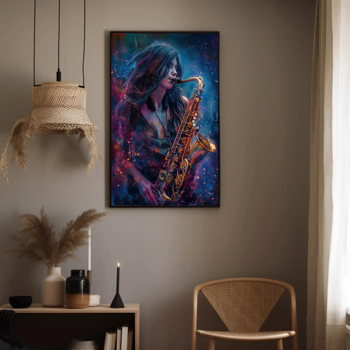Female Saxophone Player Neon Jazz Music Splash Portrait Artwork Poster - Image 4