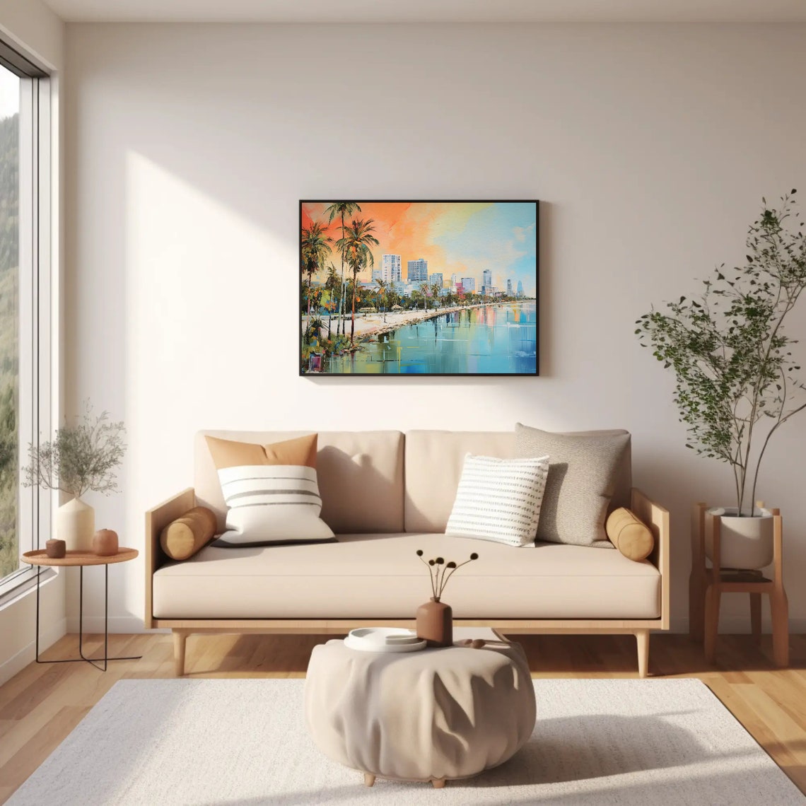 Tropical Beachfront City Skyline at Sunset Colorful Painting Poster - Image 2