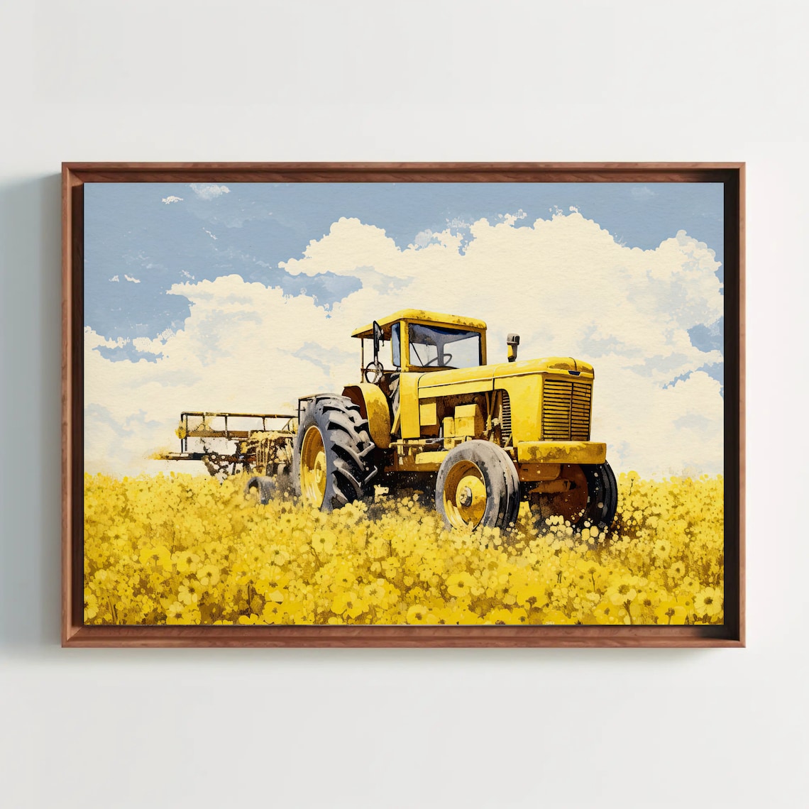 Vintage Yellow Tractor in Mustard Field Farm Painting Poster