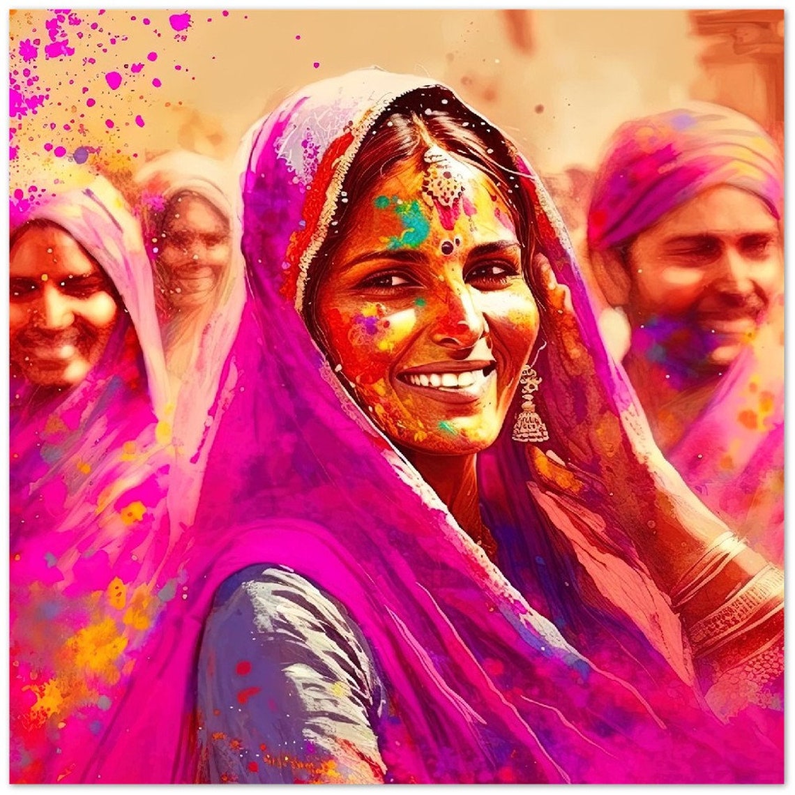 Smiling Indian Woman Dusted With Bright Holi Color Powder Poster - Image 3