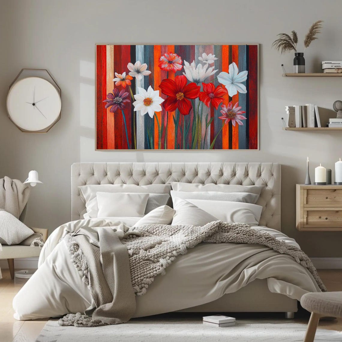Red White And Orange Flowers On Striped Modern Floral Poster - Image 3