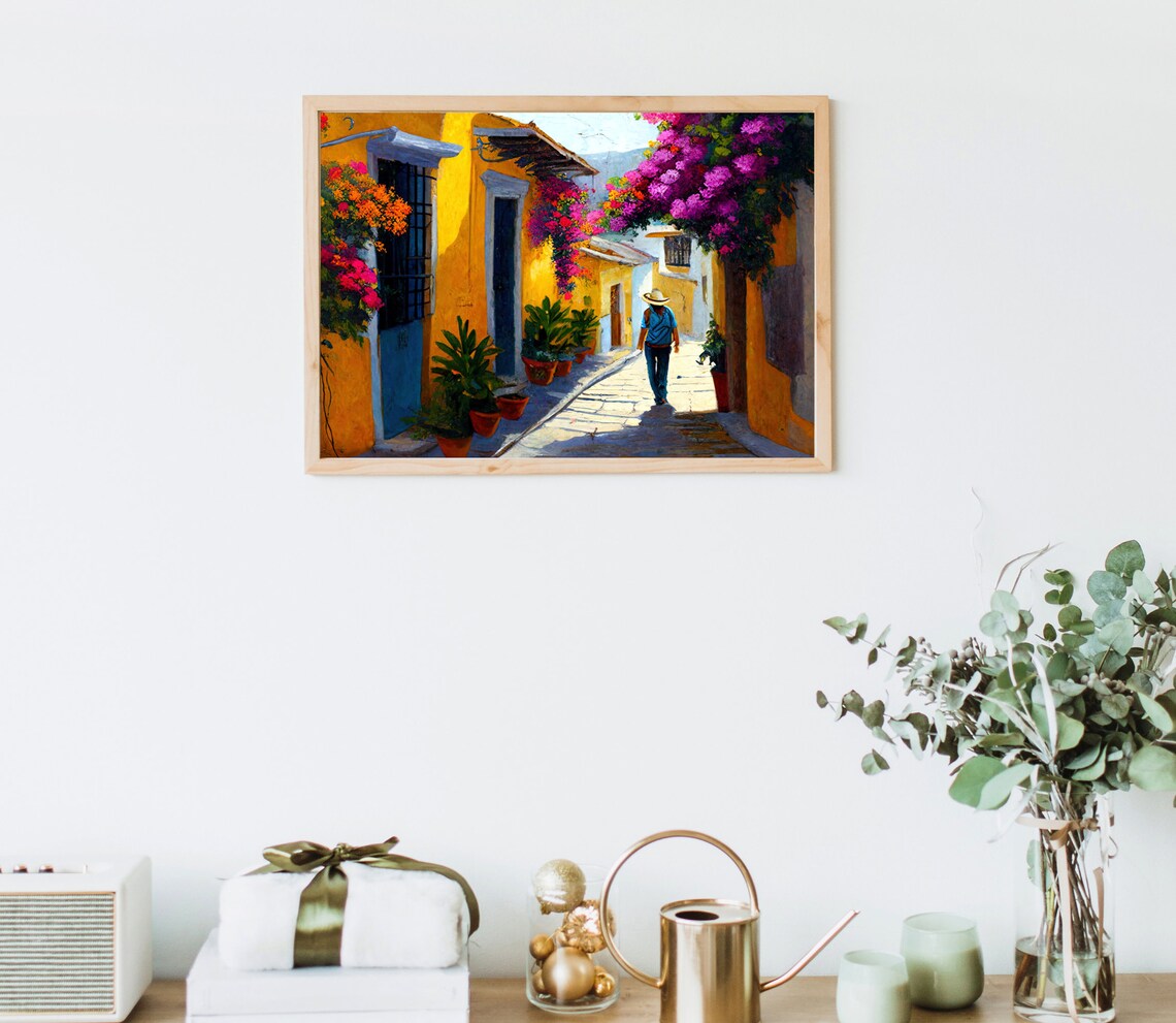 Oaxaca Mexico Sunny Street Bougainvillea Alley Market Scene Poster - Image 4