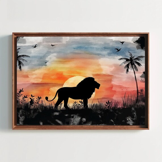 Majestic Lion Silhouette Watercolor Fiery Savannah Sunset Poster