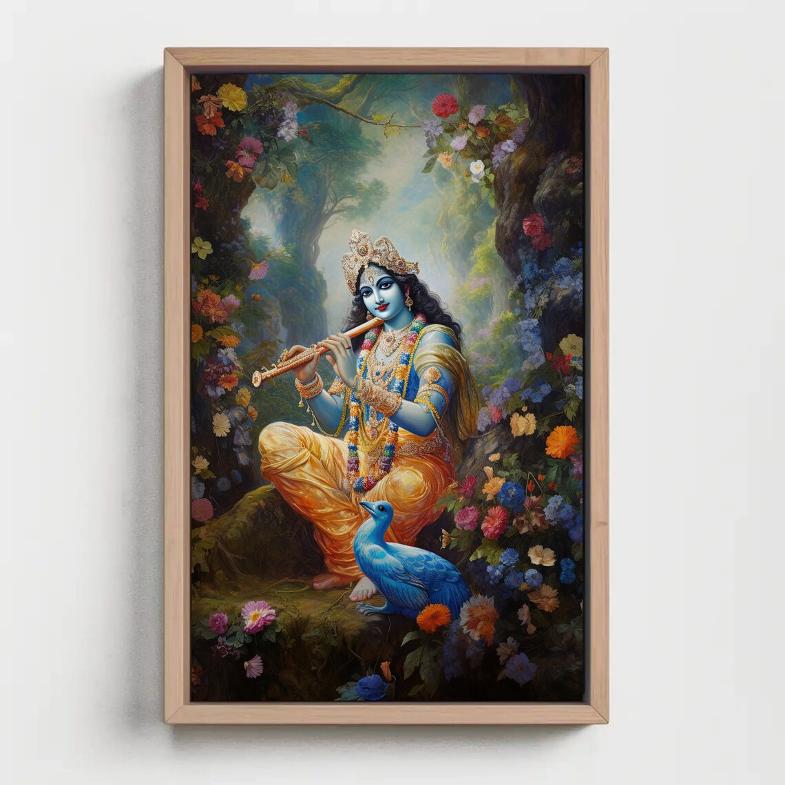 Lord Krishna Playing Flute Flower Forest Hindu God Decor Print - Image 3