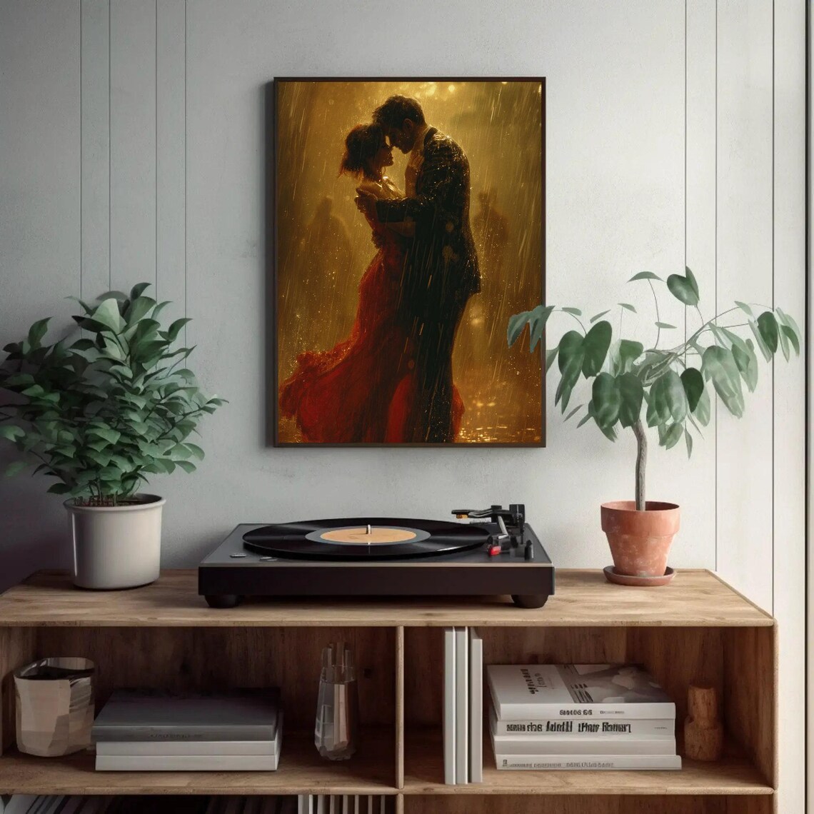 Romantic Couple Kissing In A Golden Rain Glow Painting Poster - Image 3