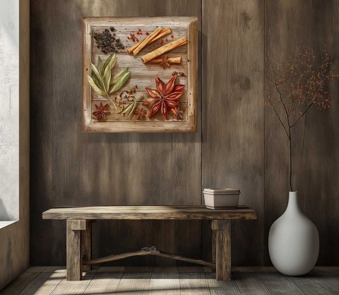 Whole Spices Star Anise Cinnamon On Rustic Wood Kitchen Wall Print - Image 4