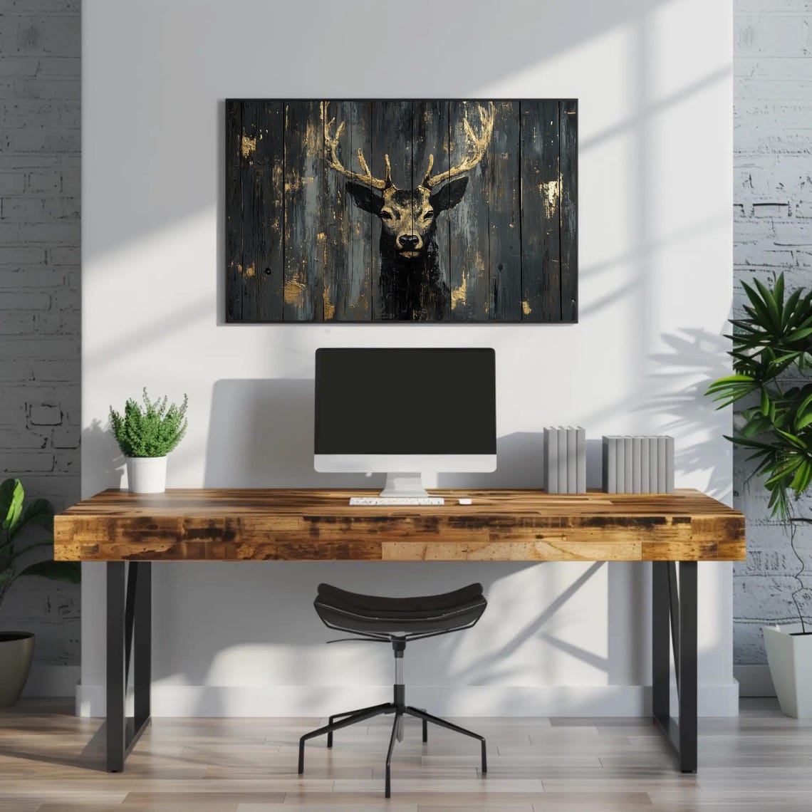 Golden Stag Head On Dark Weathered Wood Planks Wildlife Poster - Image 2