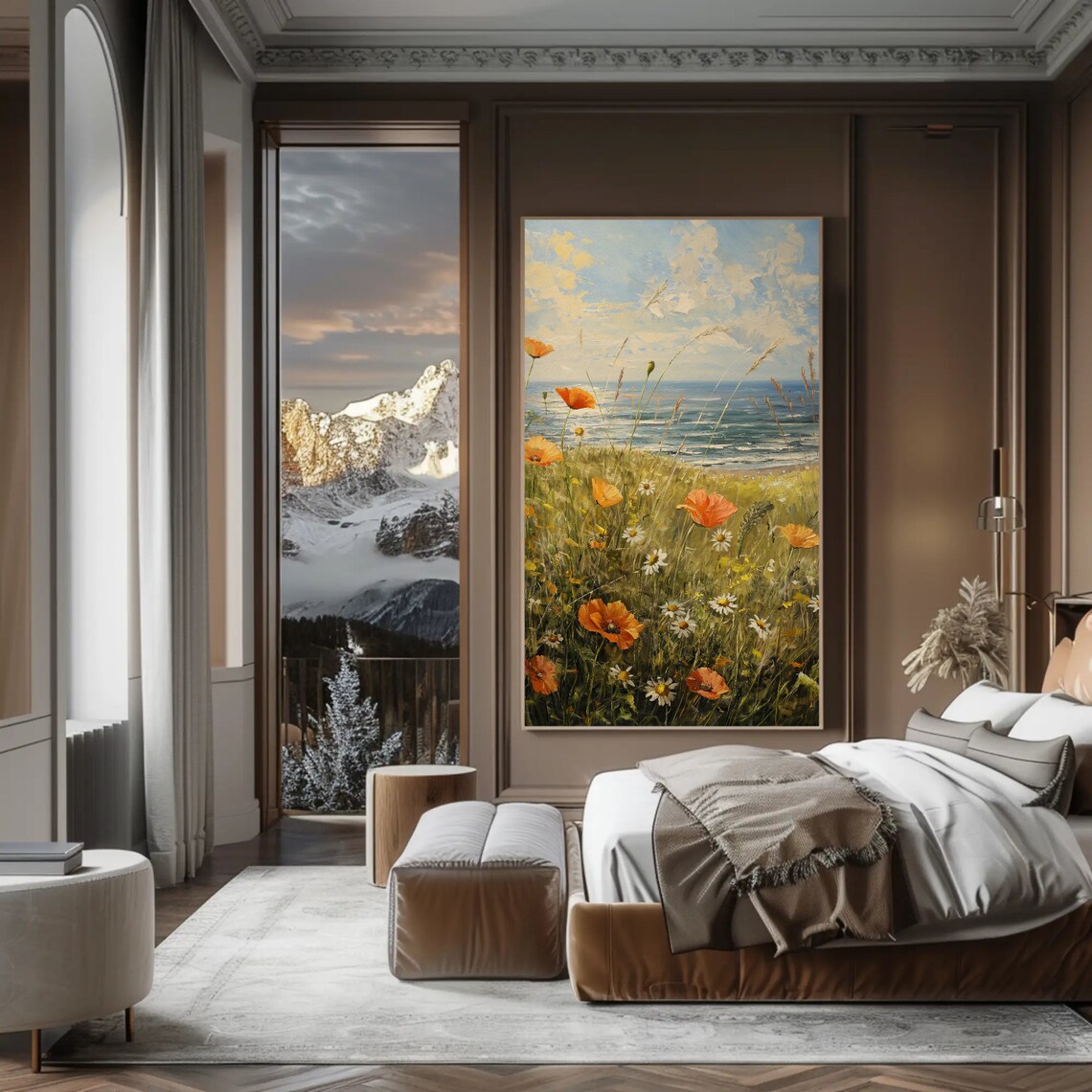 Orange Poppies And Daisies In Coastal Meadow By The Sea Art Poster - Image 5