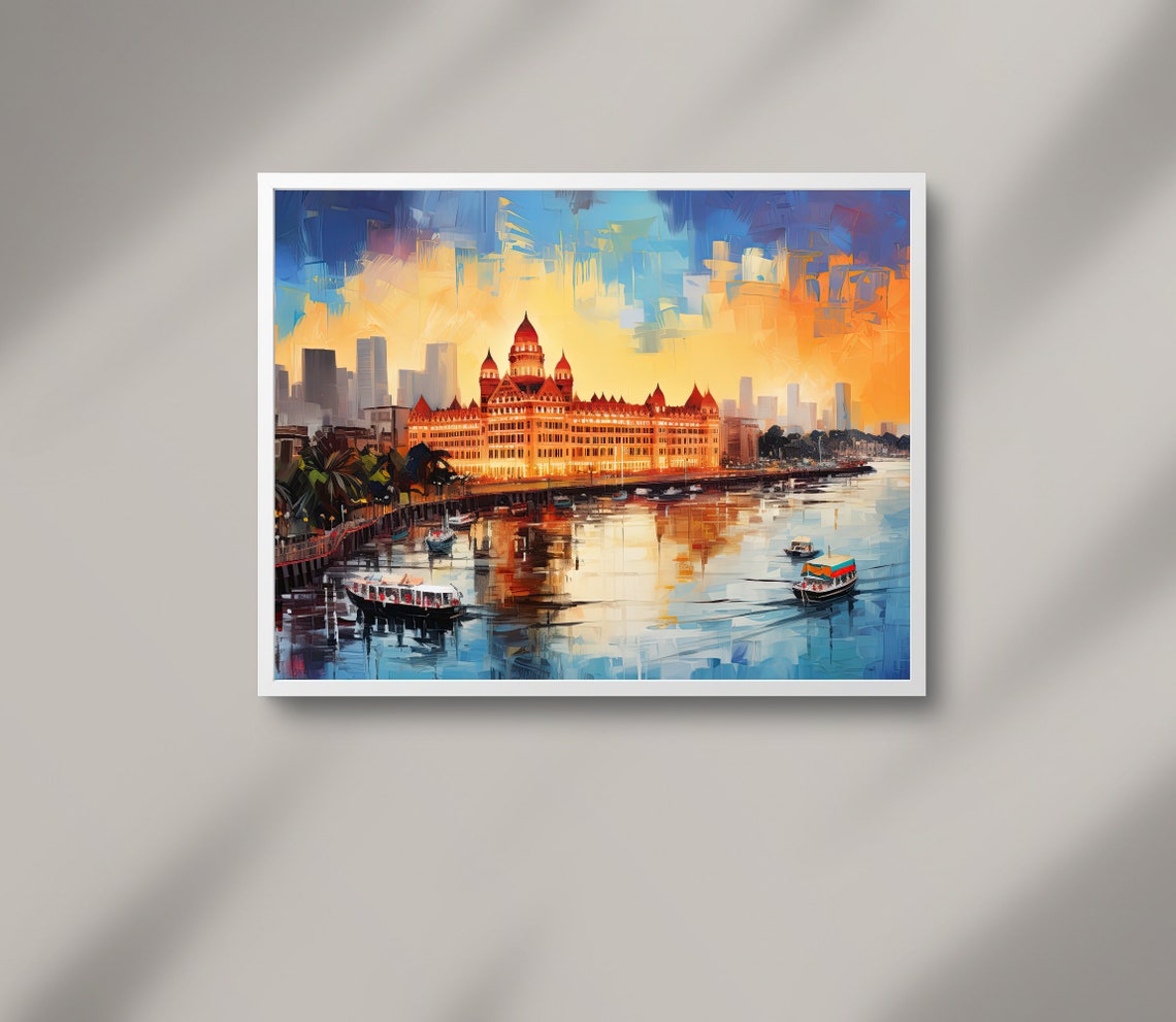 Mumbai Taj Mahal Palace Hotel Harbour Sunset Oil Painting Poster - Image 2
