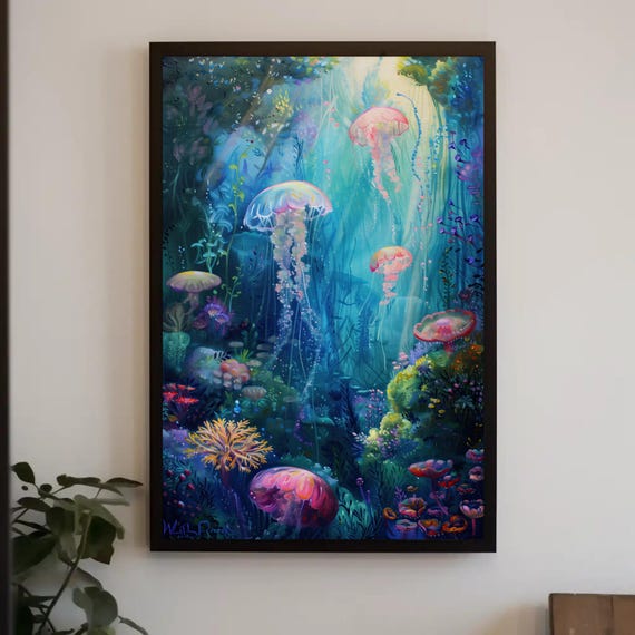 Ethereal Jellyfish And Coral Reef Print Dreamy Underwater Oil Painting Ocean Fantasy Wall Art For Coastal Home Or Bedroom