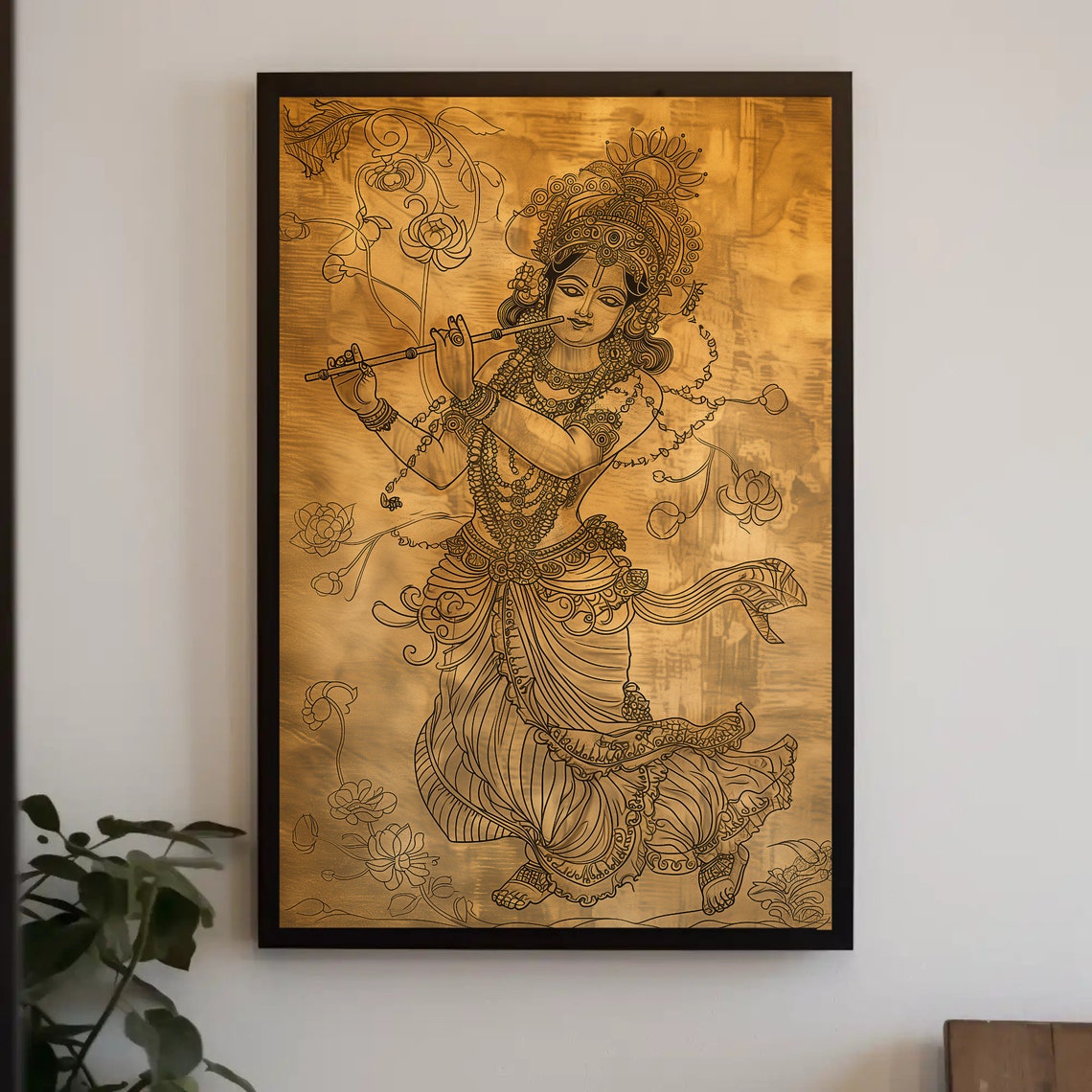 Lord Krishna Playing Flute Gold Line Art Hindu God Wall Poster