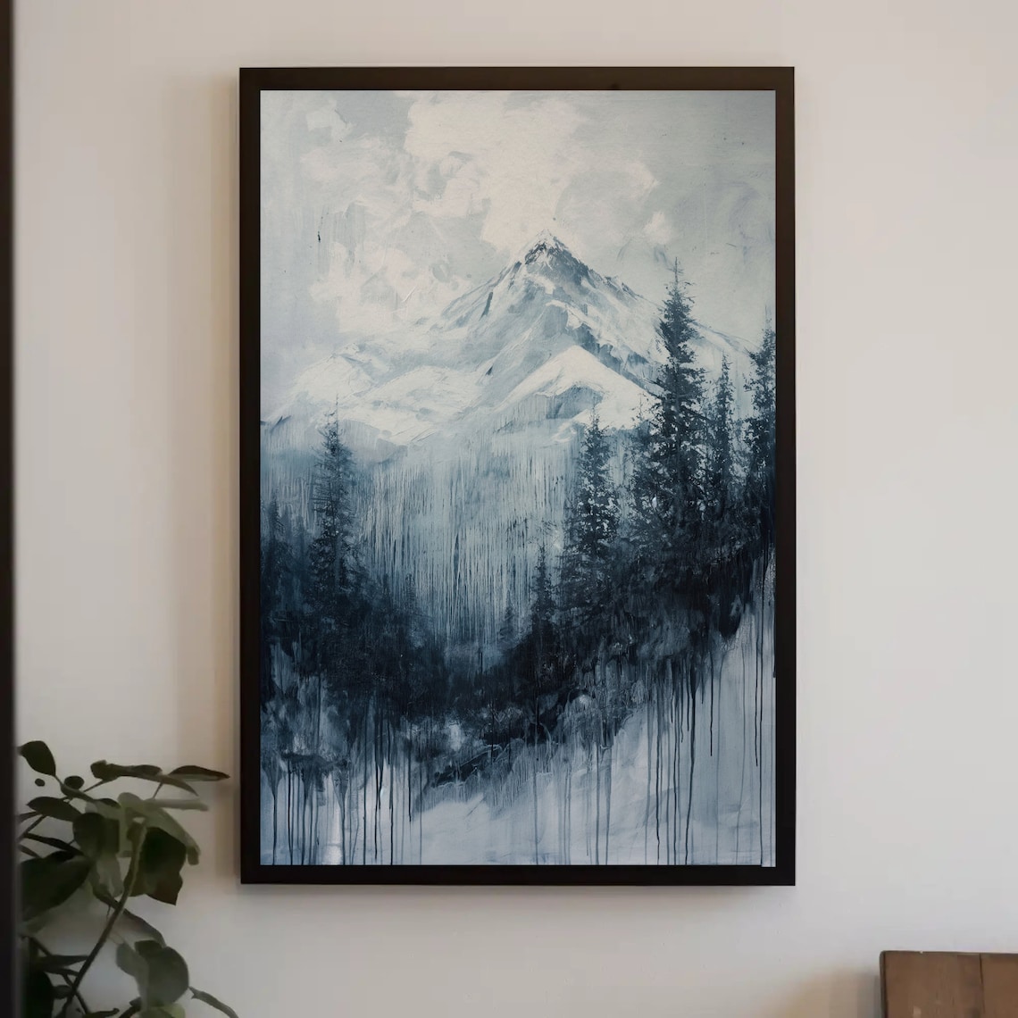 Snowy Mountain And Tall Pines Monochrome Blue Watercolor Poster
