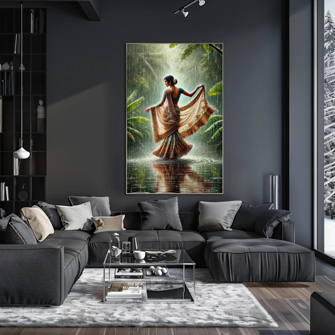 Indian Woman Dancing in the Monsoon Rain of a Tropical Jungle Poster - Image 3