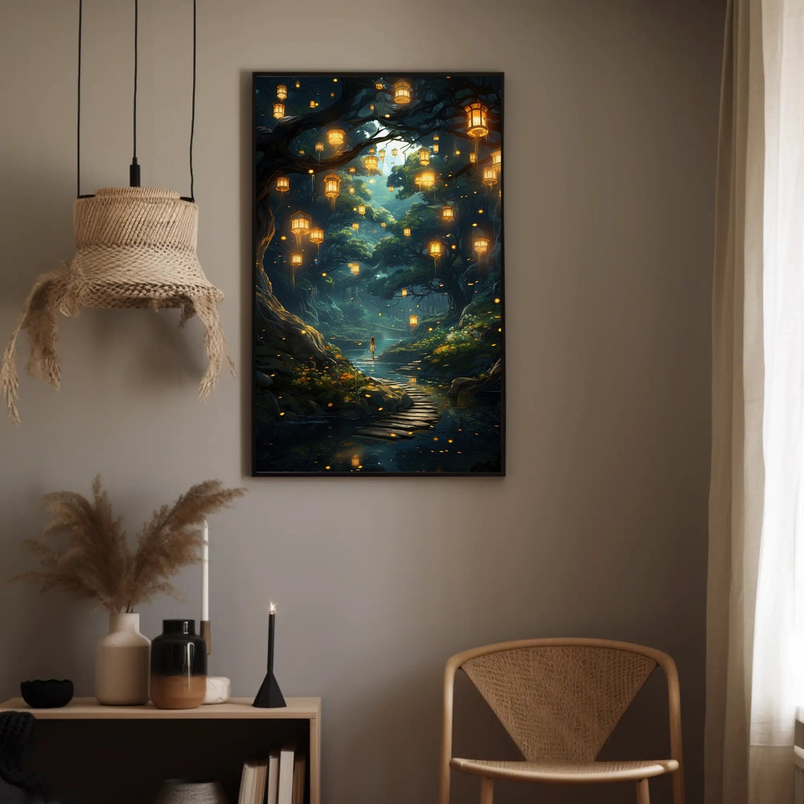 Lantern Forest Stepping Stones Stream Fantasy Night Decor Print - Image 5